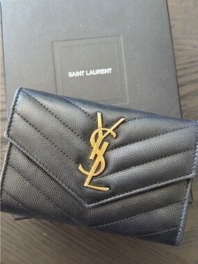 Saint Laurent Black Quilted Leather Small Wallet with Gold YSL Emblem